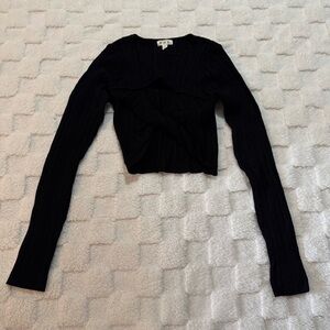 POL Black Tan Fitted Ribbed Long Sleeve Crop Top, Twist Front, Women’s Small NWT